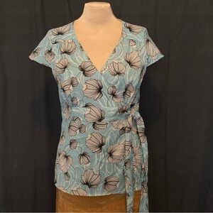 Loft Cap Sleeve Floral Wrap Top in Light Blue, Black, and White Floral Pattern‎